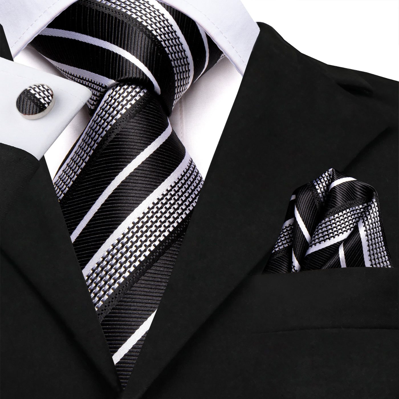 Black & Silver Striped Silk Tie and Pocket Square with Cufflinks Silk Tie Set - GentCrest