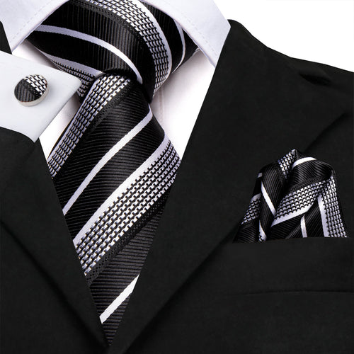 Black & Silver Striped Silk Tie and Pocket Square with Cufflinks Silk Tie Set - GentCrest