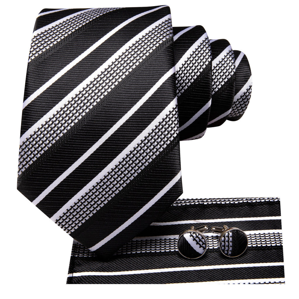 Black & Silver Striped Silk Tie and Pocket Square with Cufflinks Silk Tie Set - GentCrest - View 2