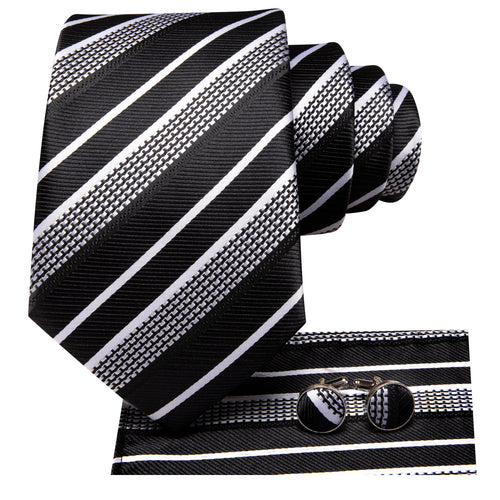 Black & Silver Striped Silk Tie and Pocket Square with Cufflinks Silk Tie Set - GentCrest - View 2