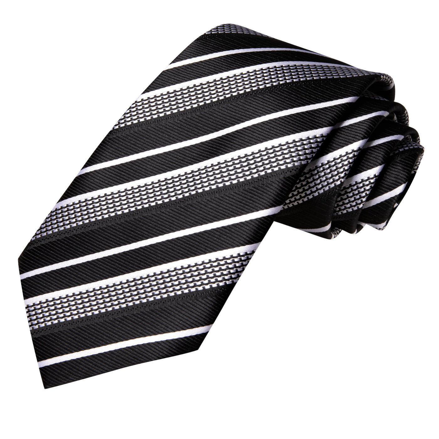 Black & Silver Striped Silk Tie and Pocket Square with Cufflinks Silk Tie Set - GentCrest - View 3