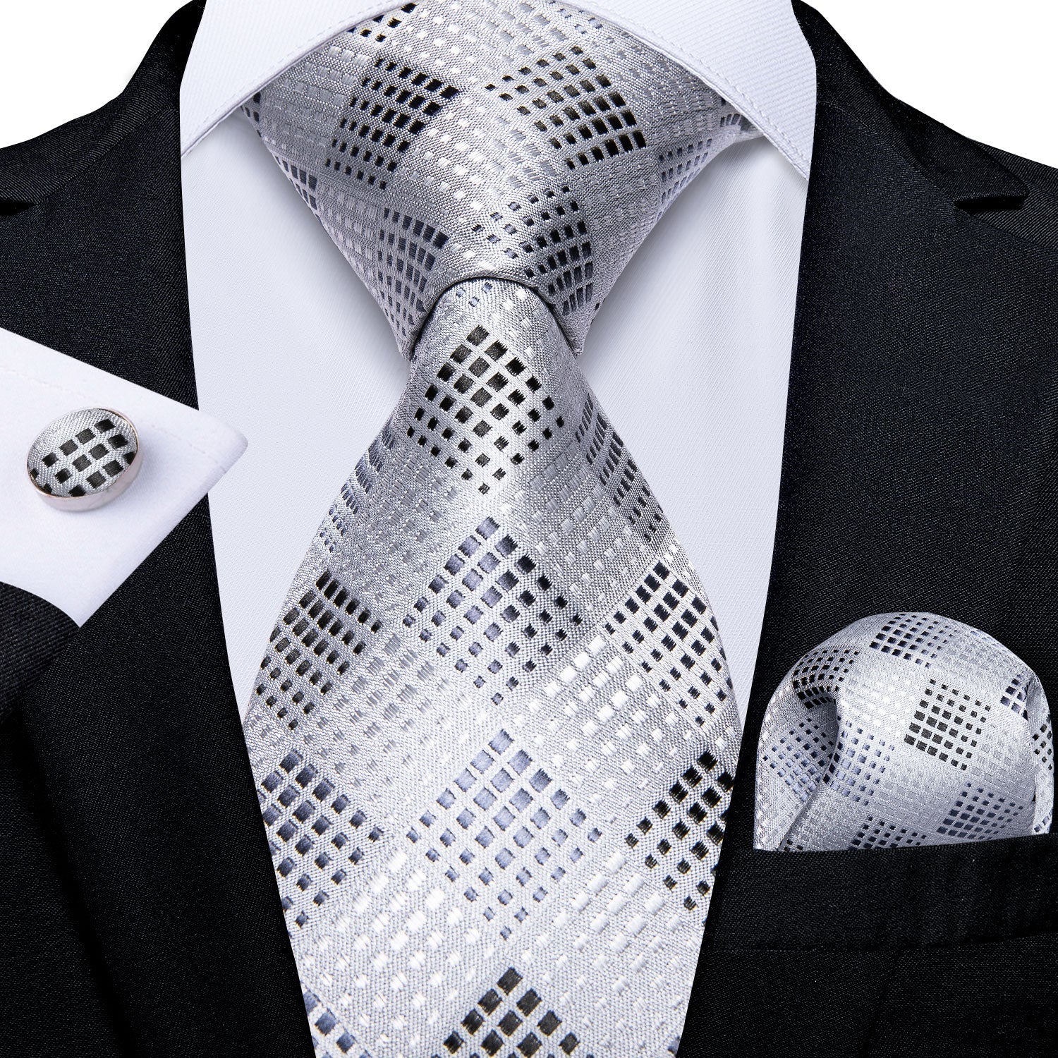 GentCrest White Plaid Tie Hanky Cufflinks Set - Image 1