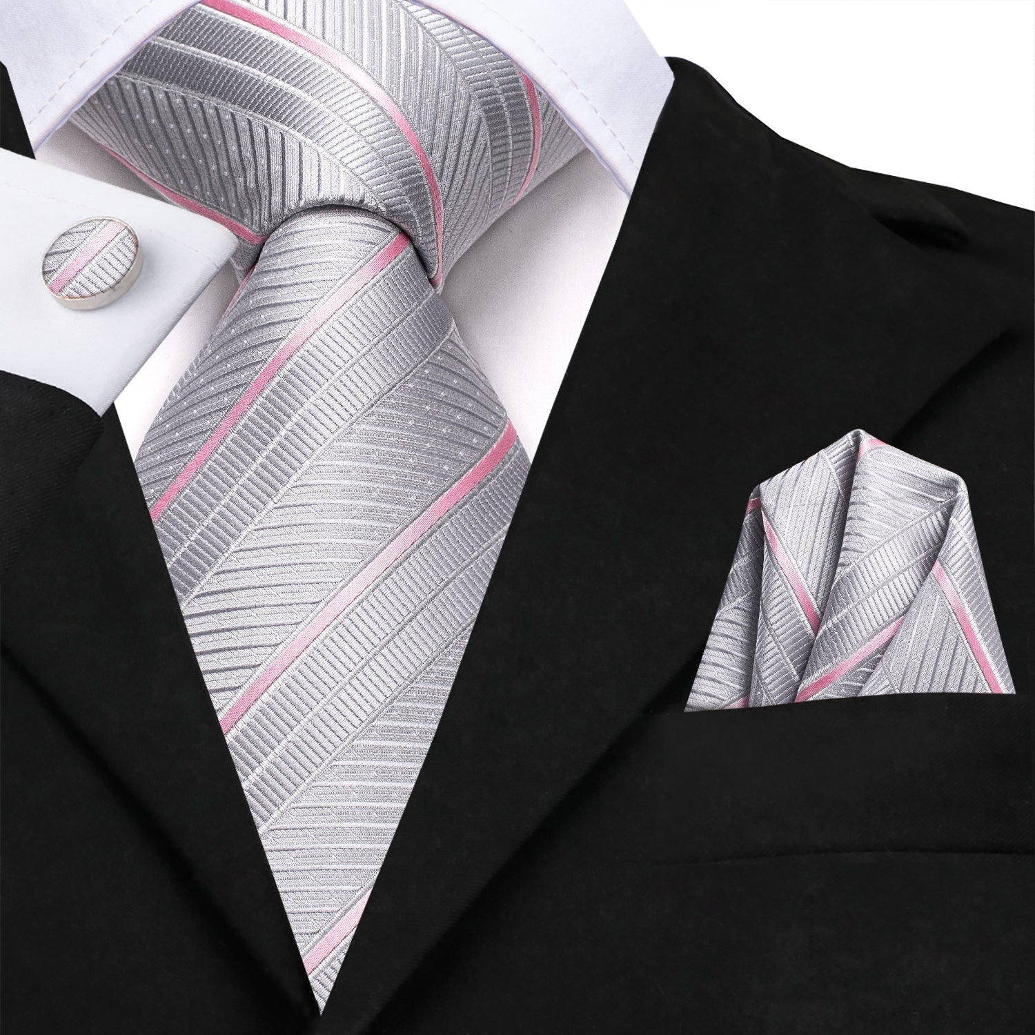 GentCrest Grey Striped Tie Hanky Cufflinks Set - Image 3