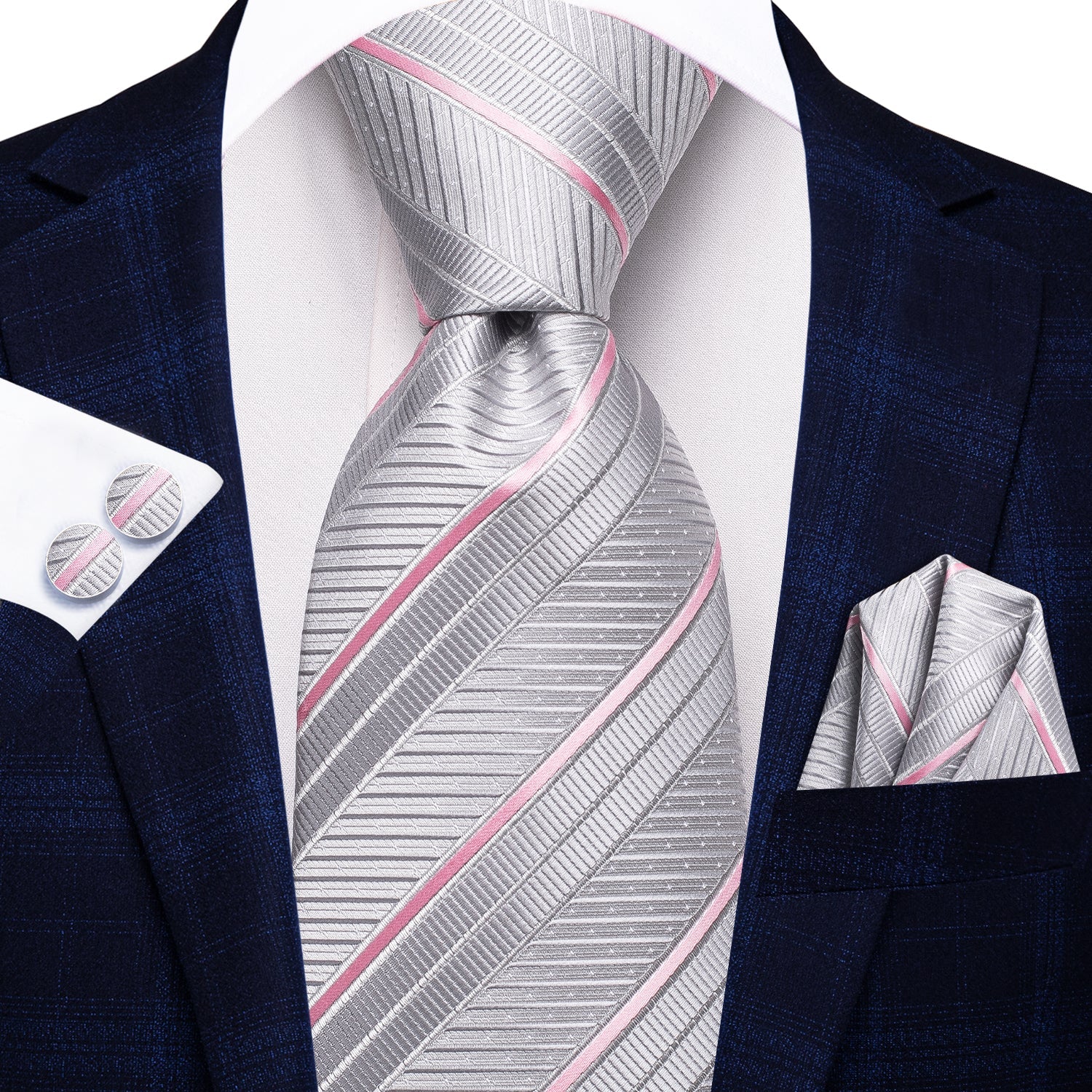 GentCrest Grey Striped Tie Hanky Cufflinks Set - Image 2