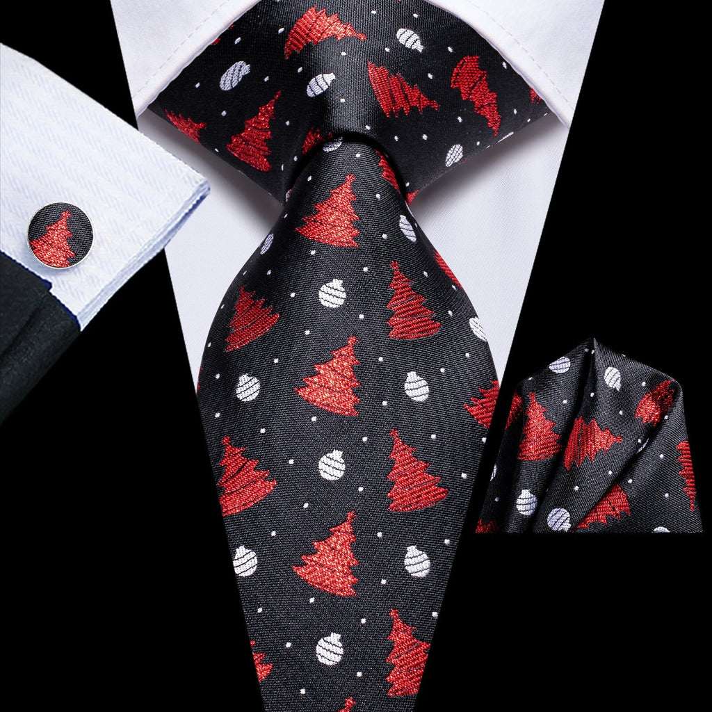 Christmas Balls and Trees in Black Silk Tie Set - GentCrest