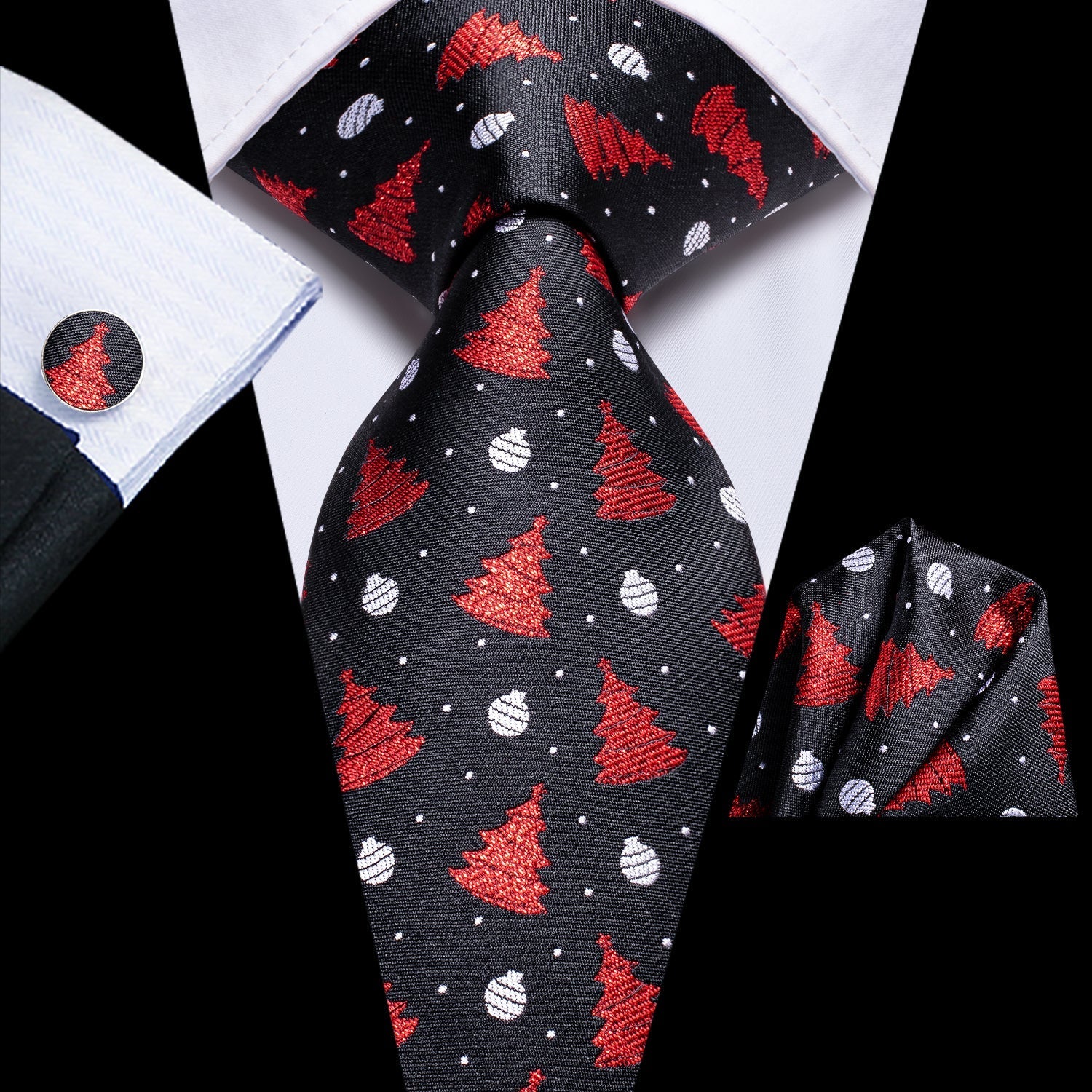Christmas Balls and Trees in Black Silk Tie Set - GentCrest