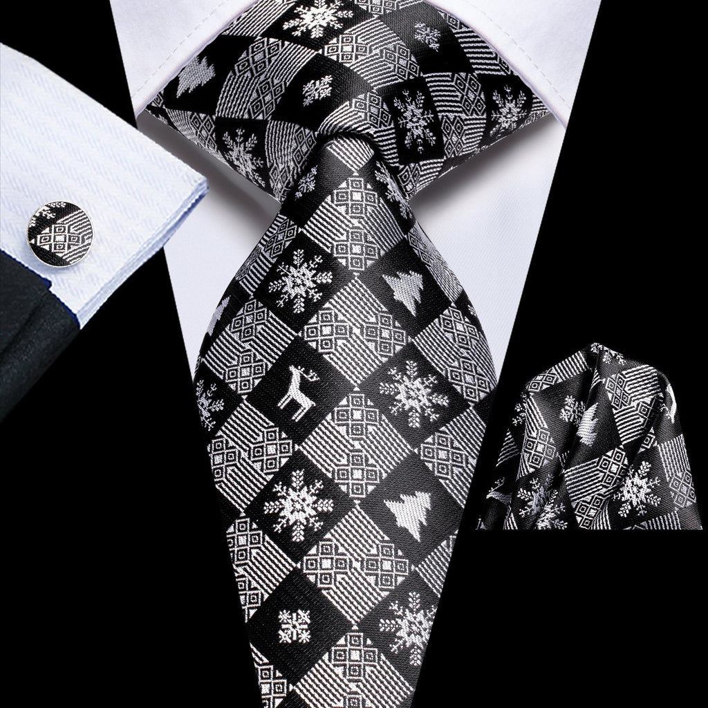 Black and Gray Snowflakes Silk Tie Set - GentCrest