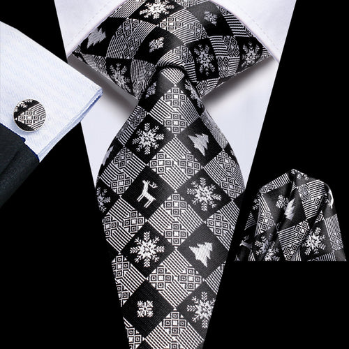 Black and Gray Snowflakes Silk Tie Set - GentCrest