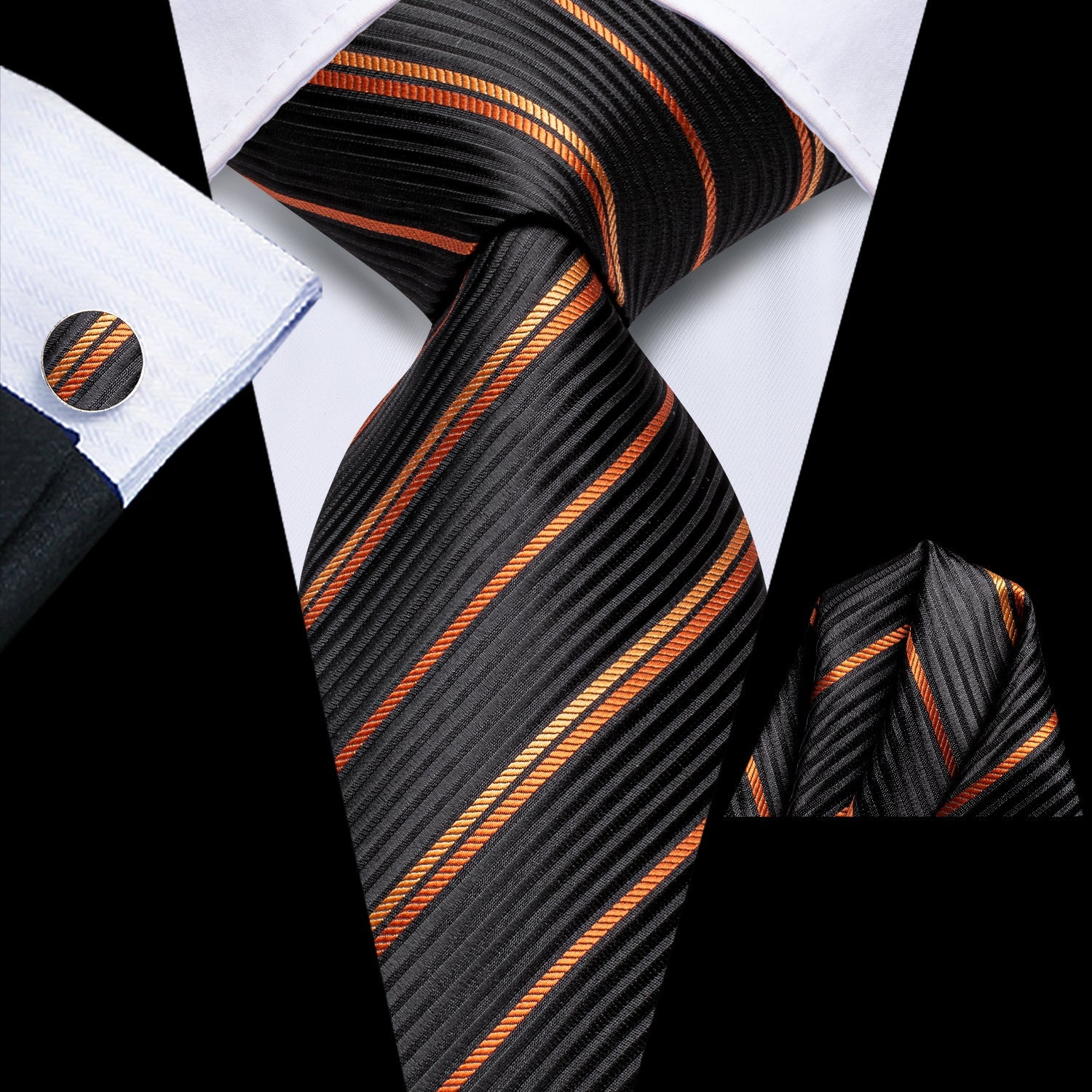 GentCrest Black Striped Tie Hanky Cufflinks Set - Image 1