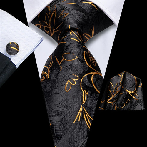 Black and Gold Floral Silk Tie Set - GentCrest