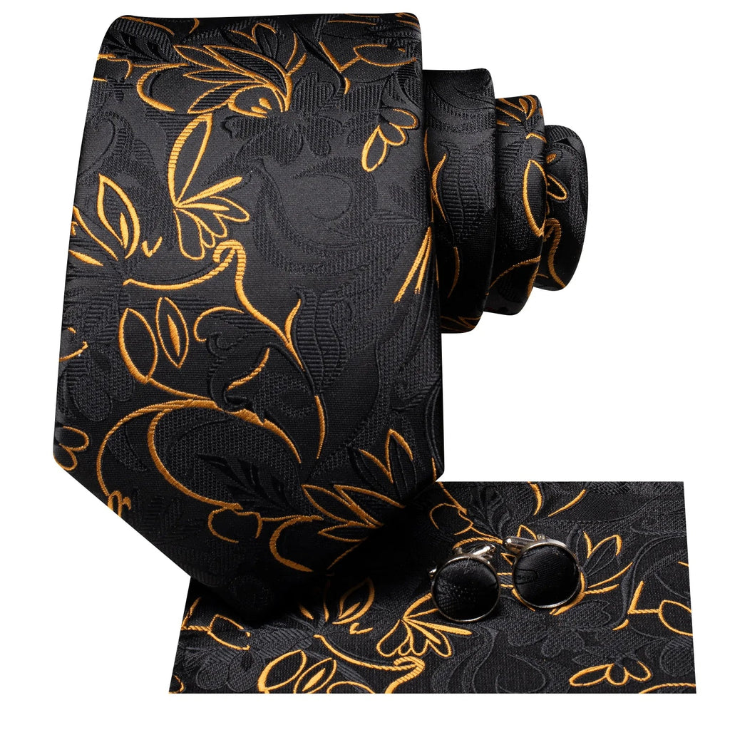 Black and Gold Floral Silk Tie Set - GentCrest - View 2