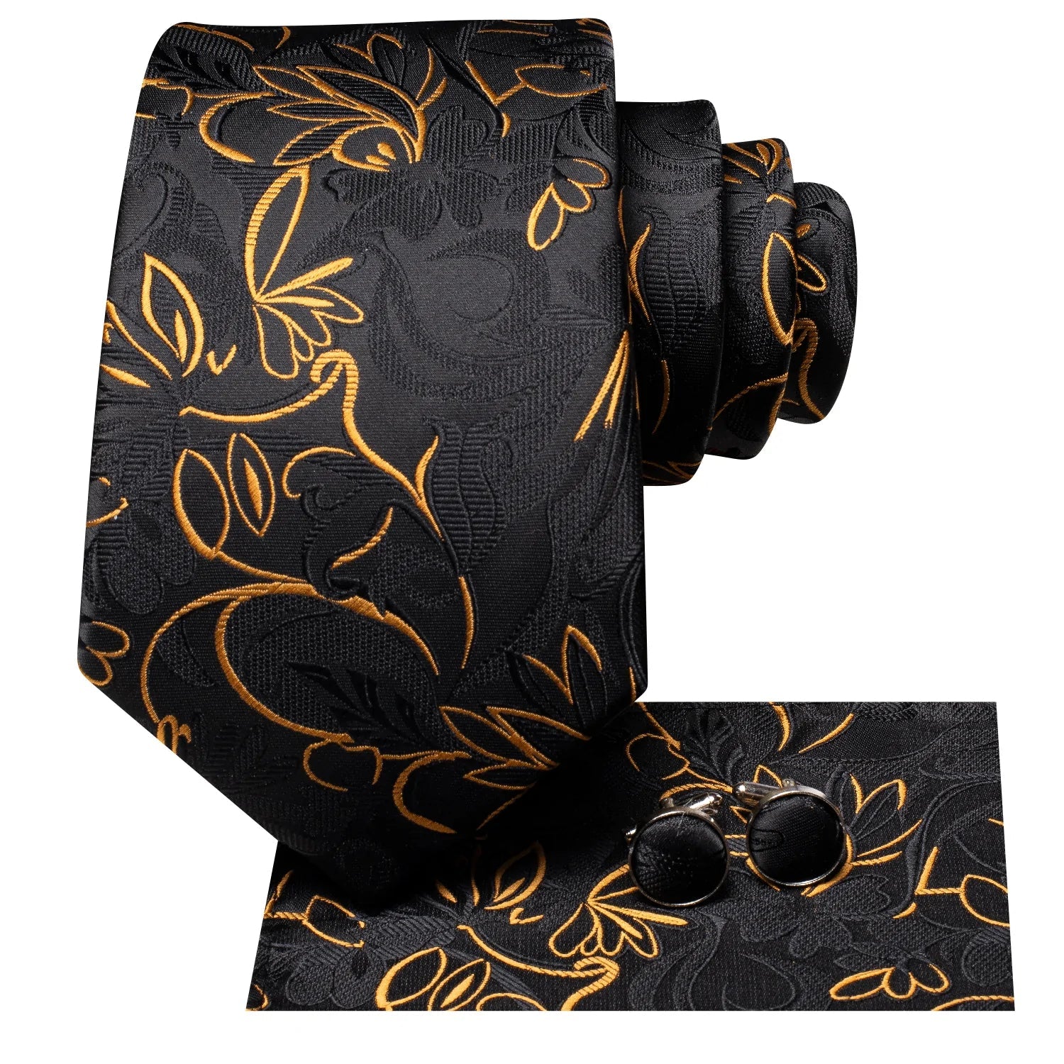 Black and Gold Floral Silk Tie Set - GentCrest - View 2