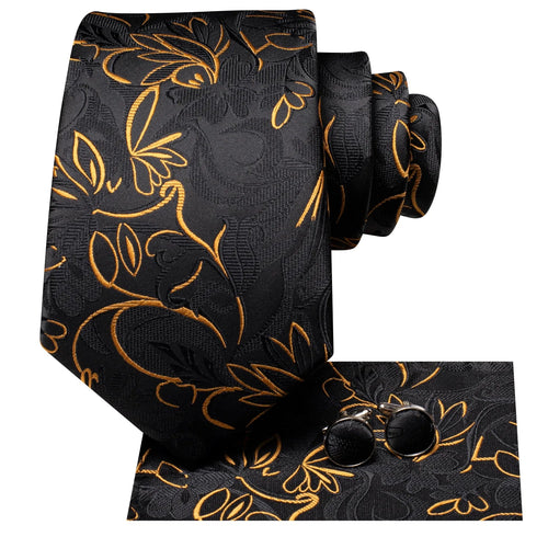 Black and Gold Floral Silk Tie Set - GentCrest - View 2