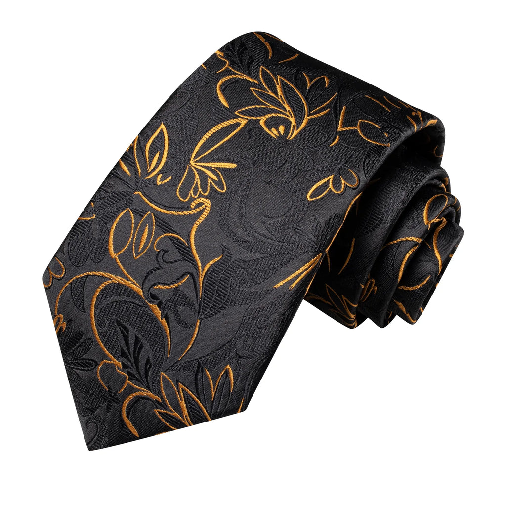 Black and Gold Floral Silk Tie Set - GentCrest - View 3