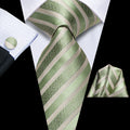 Sage Green & Gold Striped Silk Tie - Elegant Chevron Pattern Necktie Silk Tie Set - GentCrest