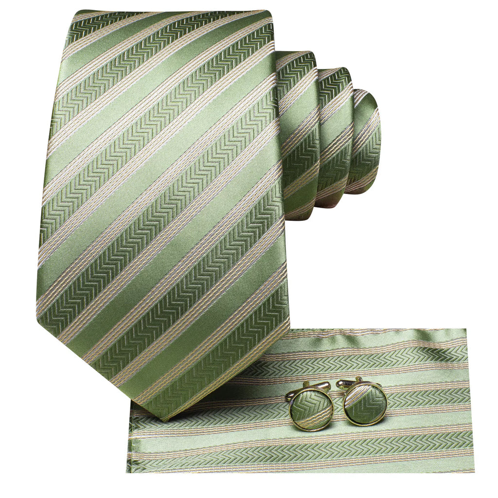 Sage Green & Gold Striped Silk Tie - Elegant Chevron Pattern Necktie Silk Tie Set - GentCrest - View 2