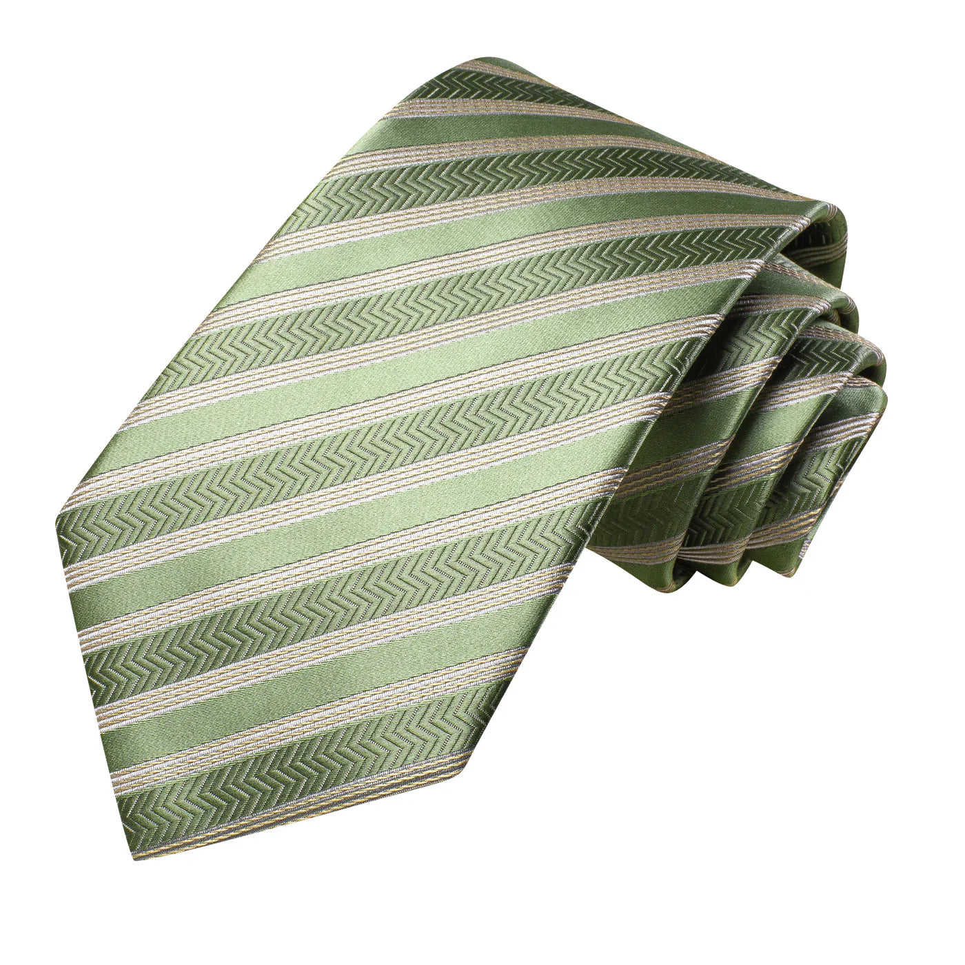Sage Green & Gold Striped Silk Tie - Elegant Chevron Pattern Necktie Silk Tie Set - GentCrest - View 5