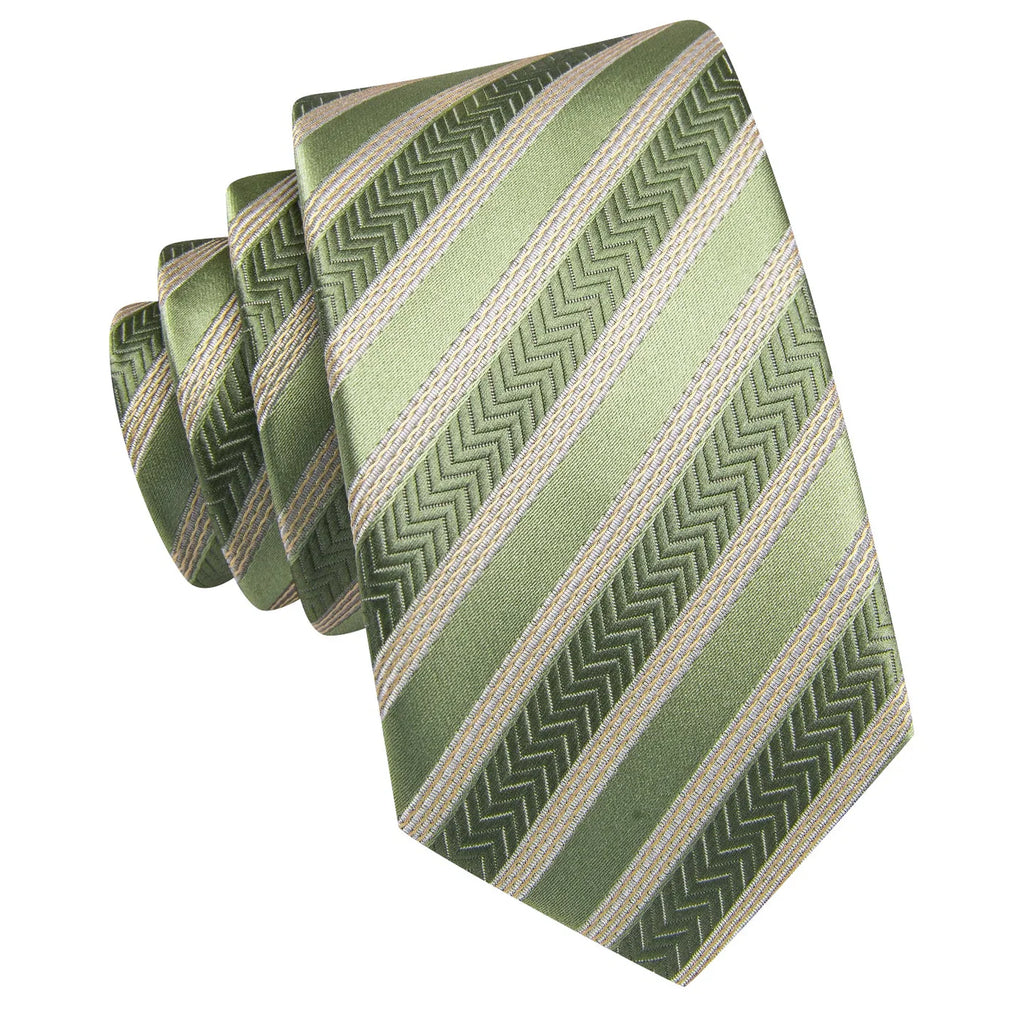 Sage Green & Gold Striped Silk Tie - Elegant Chevron Pattern Necktie Silk Tie Set - GentCrest - View 3