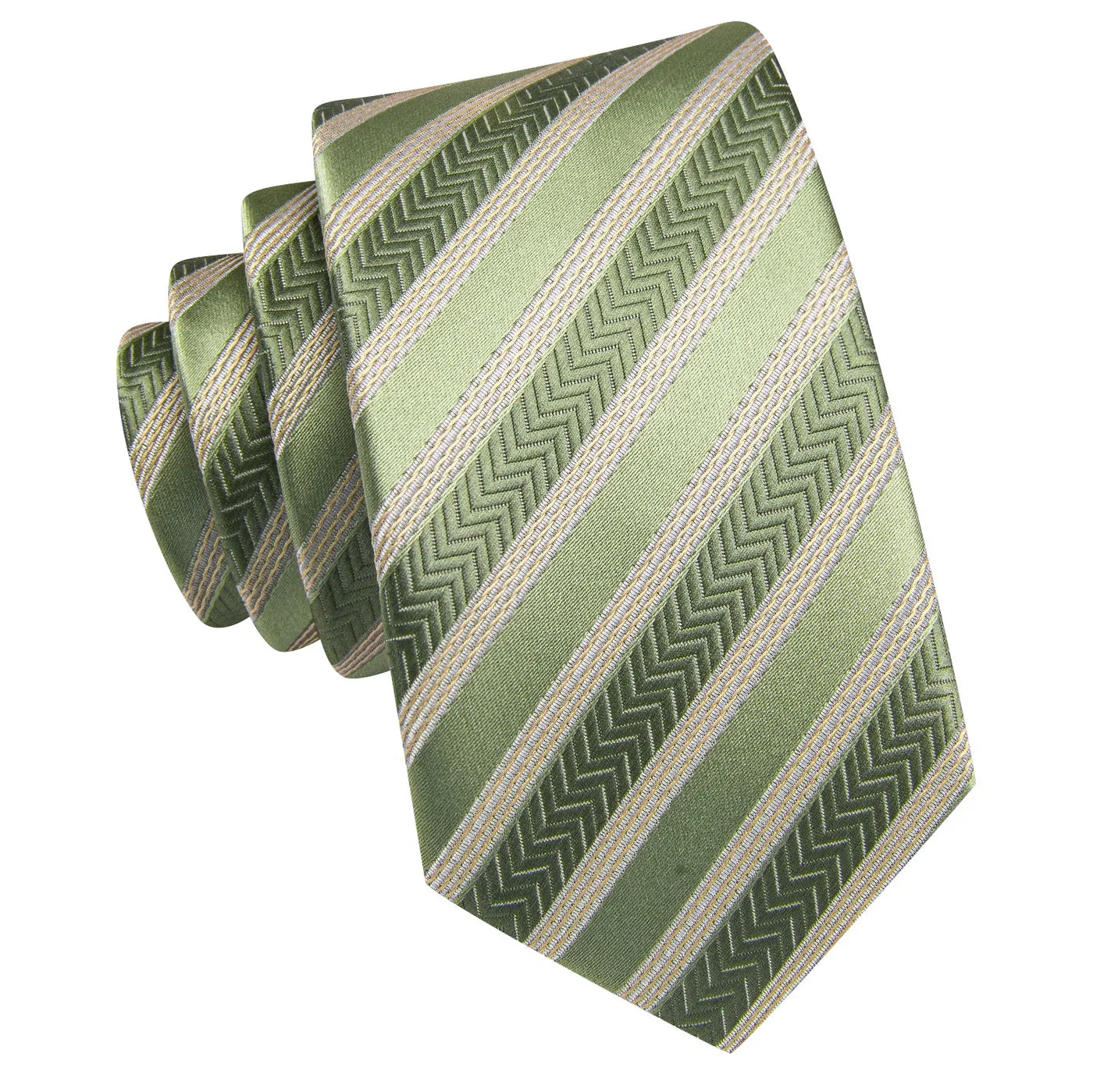 Sage Green & Gold Striped Silk Tie - Elegant Chevron Pattern Necktie Silk Tie Set - GentCrest - View 3