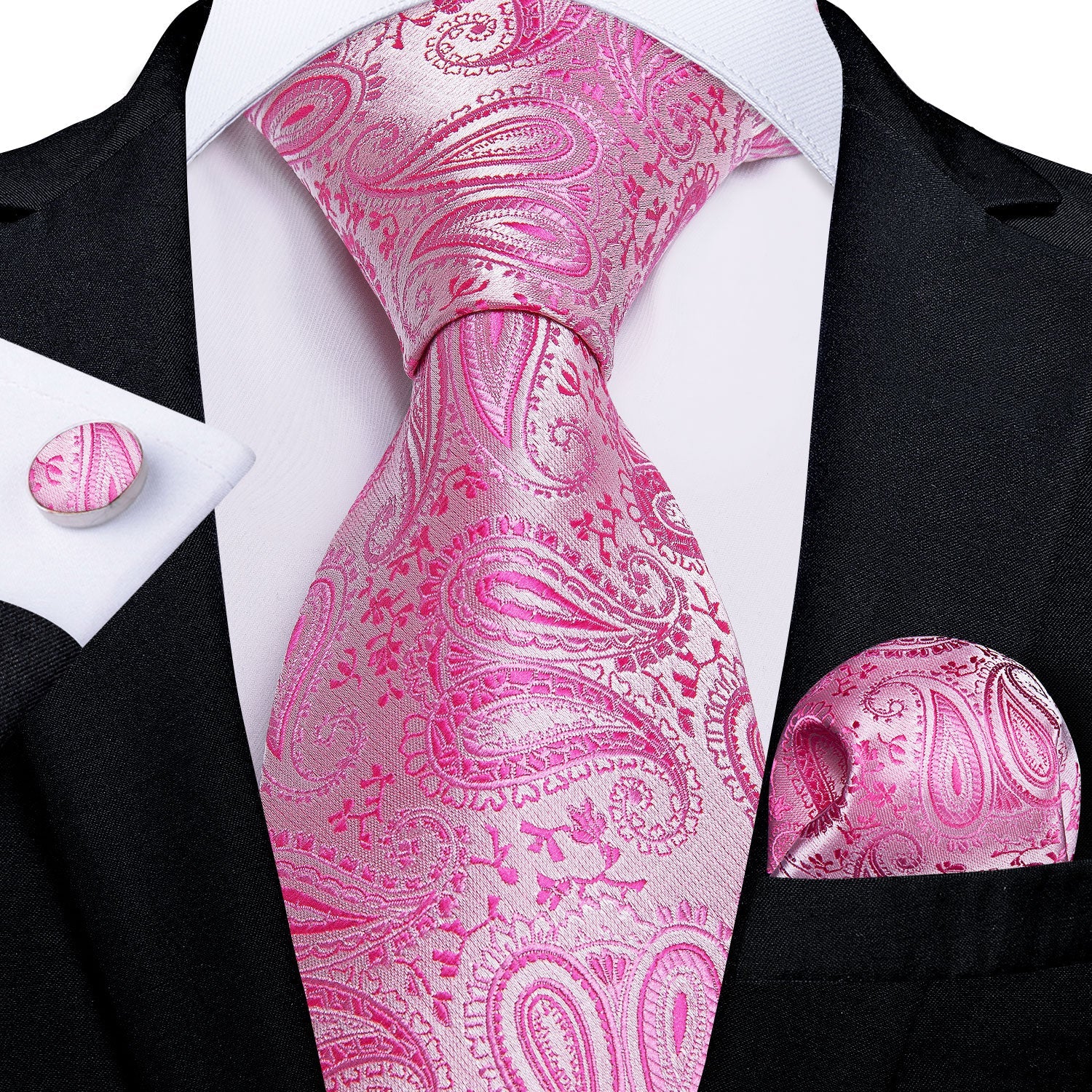 GentCrest Men's Pink Paisley Tie Silk Pocket Square Cufflinks Necktie Set for Wedding Party