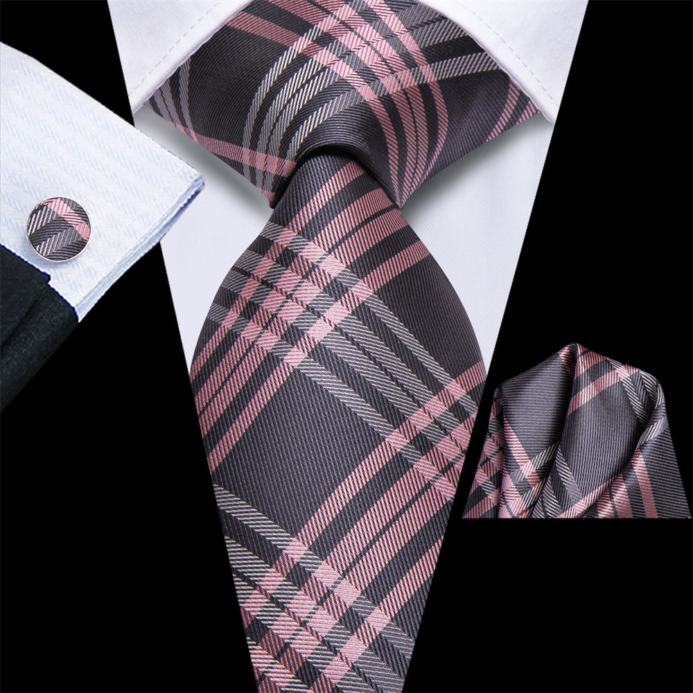 GentCrest Pink Plaid Tie Hanky Cufflinks Set - Image 1