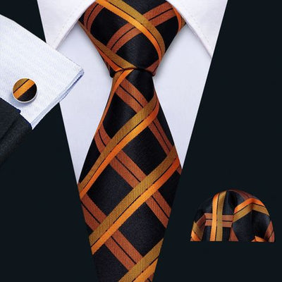 Orange and Black Plaid Silk Tie Set - GentCrest