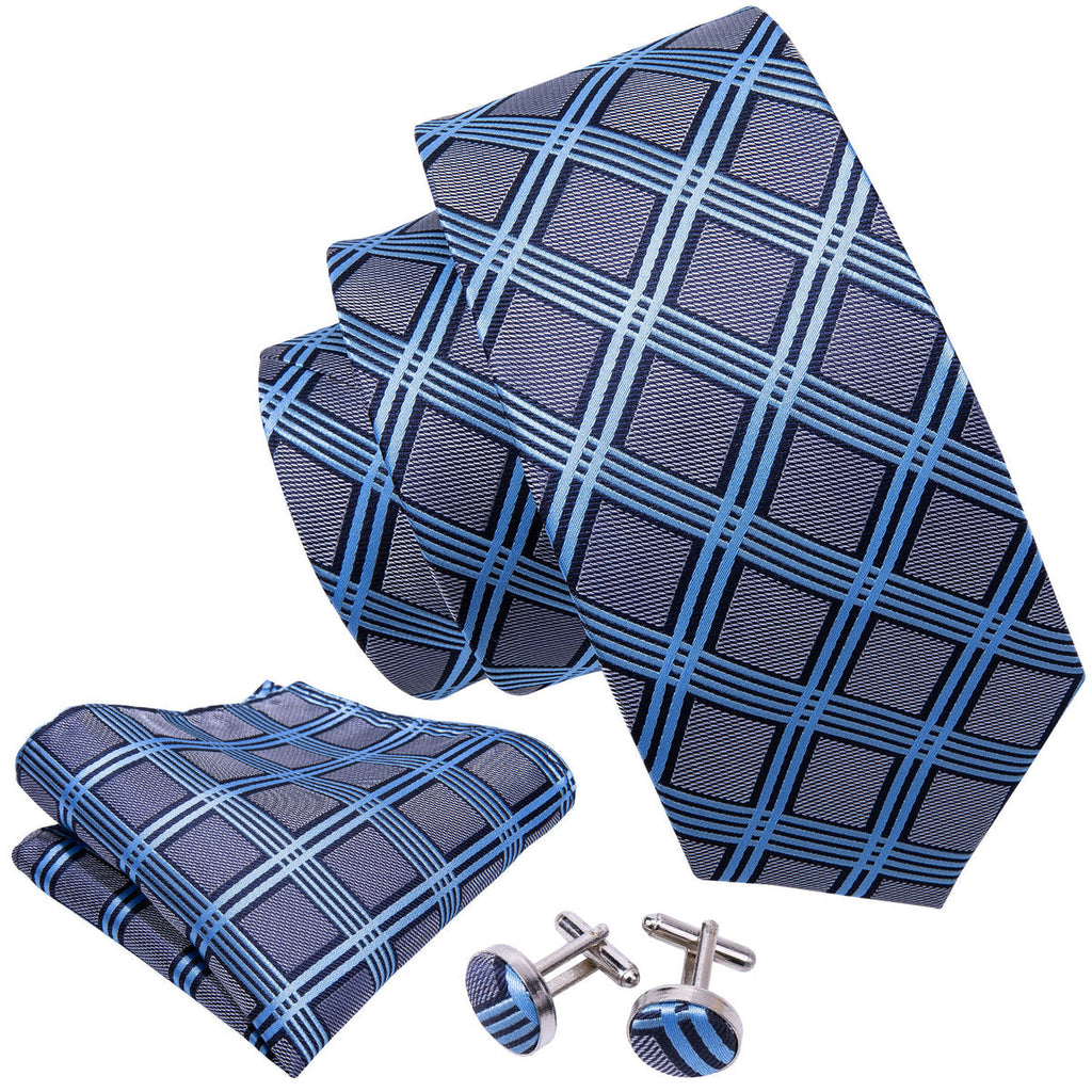 Gray Blue Plaid Silk Tie Set - GentCrest - View 4
