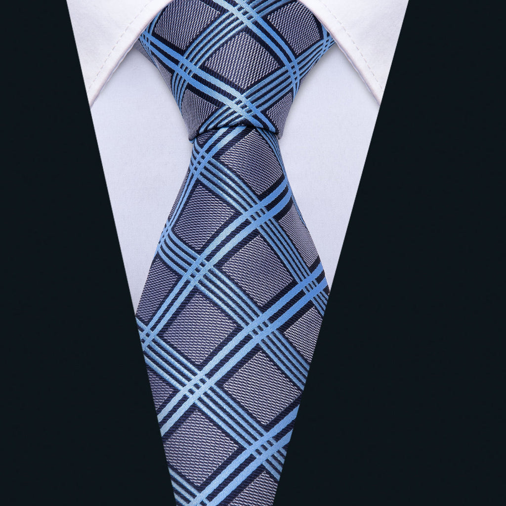 Gray Blue Plaid Silk Tie Set - GentCrest - View 2