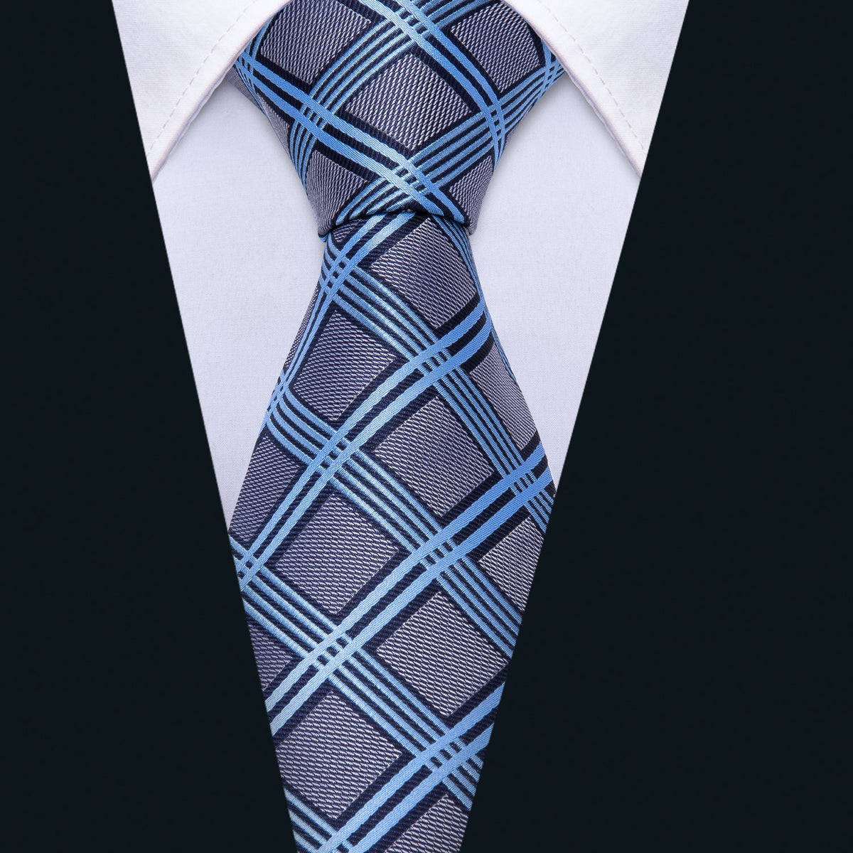 Gray Blue Plaid Silk Tie Set - GentCrest - View 2