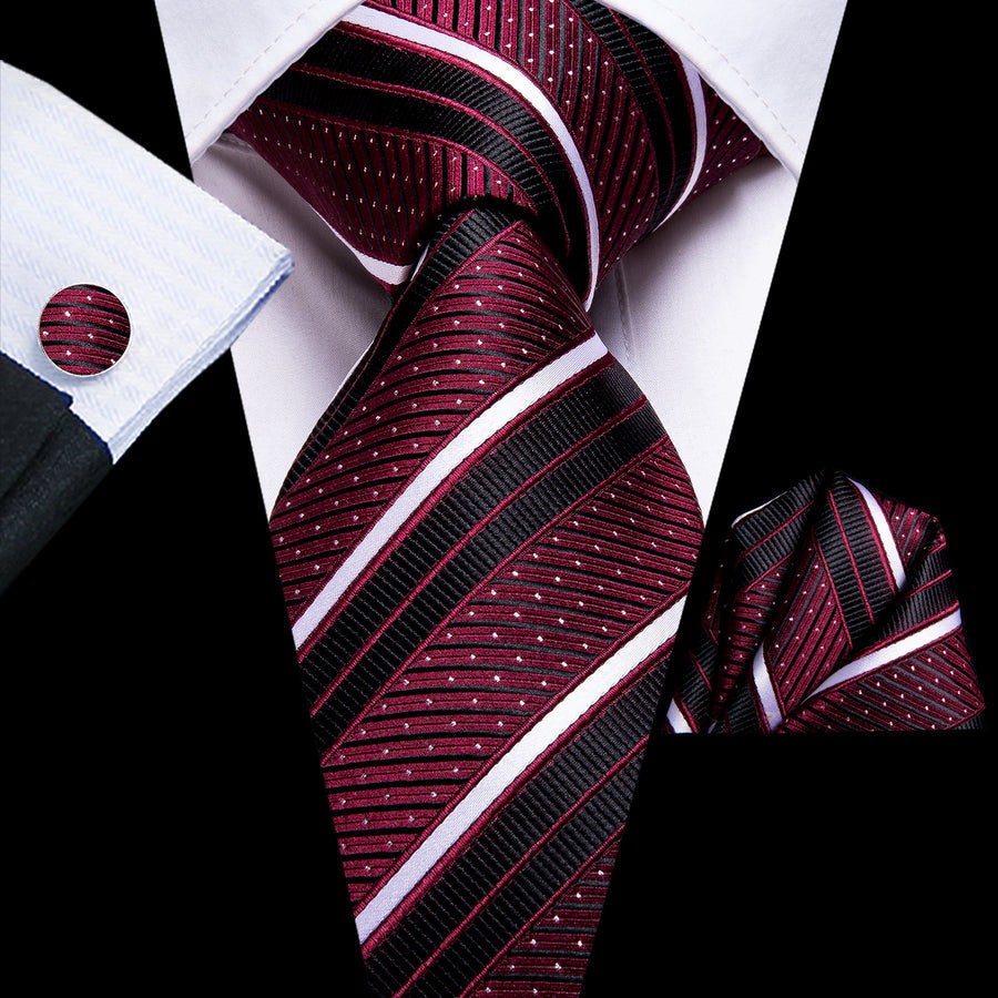 Burgundy, Black and White Striped XL Silk Tie Set - GentCrest