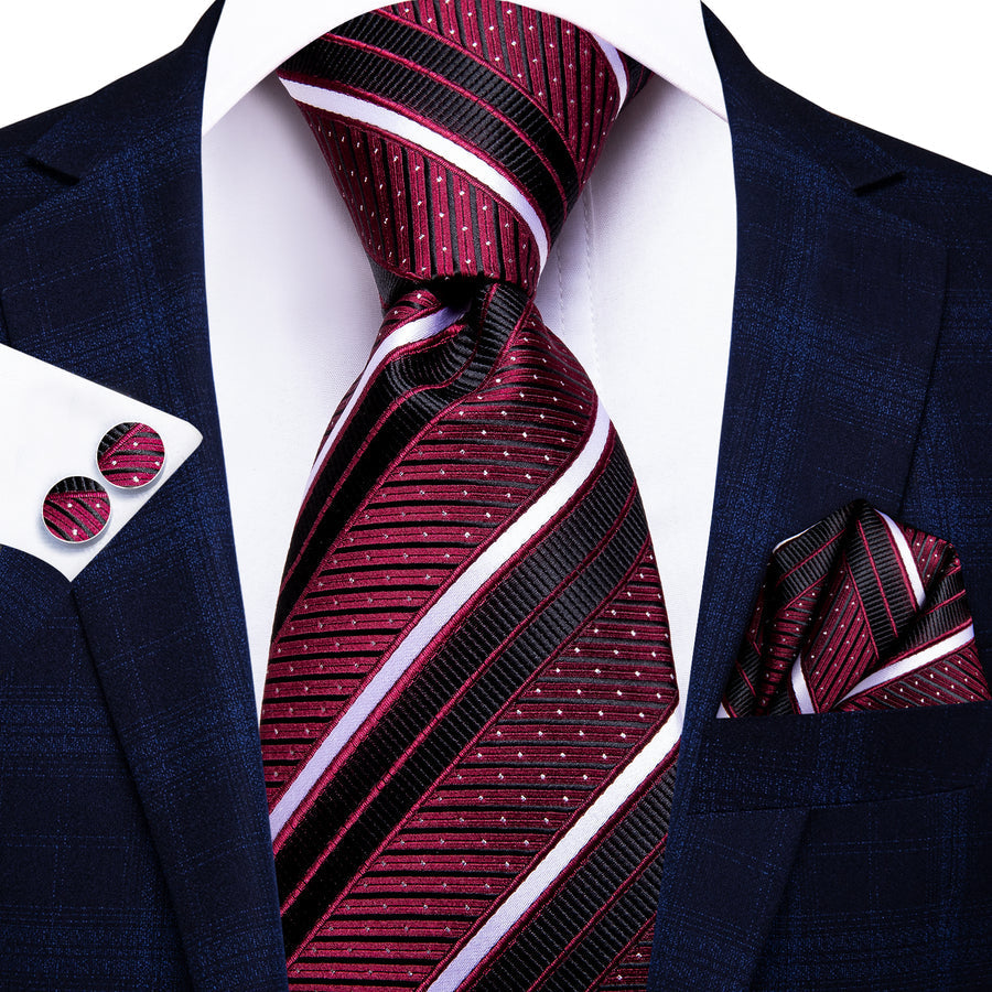 Burgundy, Black and White Striped XL Silk Tie Set - GentCrest - View 3