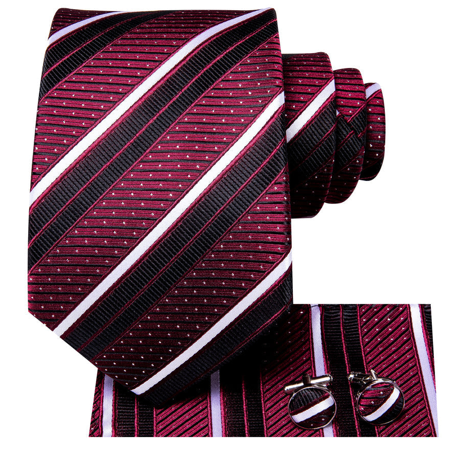 Burgundy, Black and White Striped XL Silk Tie Set - GentCrest - View 2