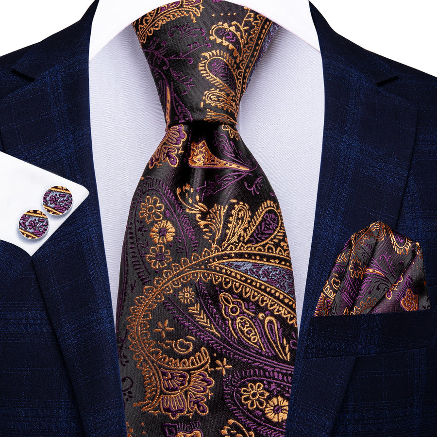 Purple and Brown Paisley XL Silk Tie Set - GentCrest