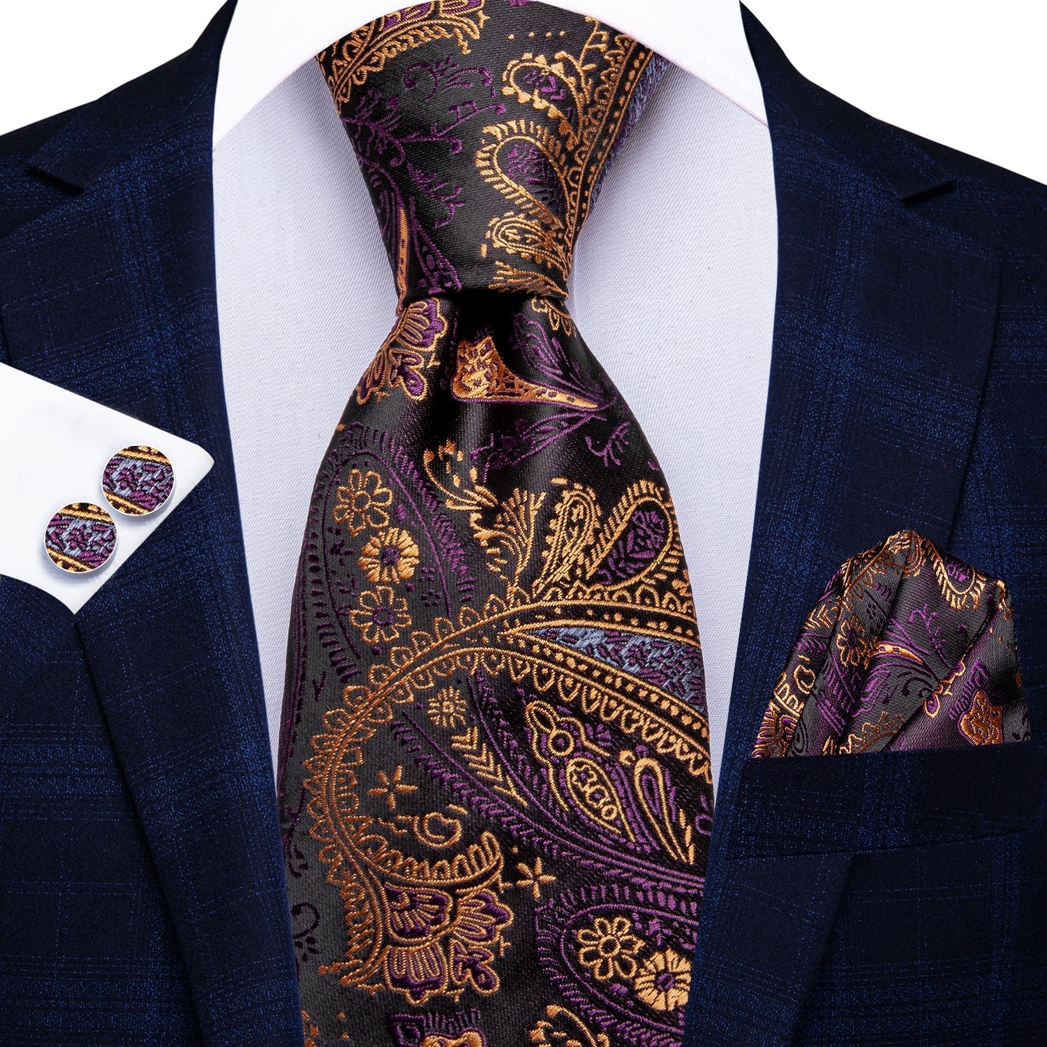 GentCrest Purple Paisley Tie Hanky Cufflinks Set - Image 1