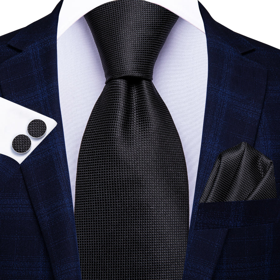 Midnight Black Plaid XL Silk Tie Set - GentCrest