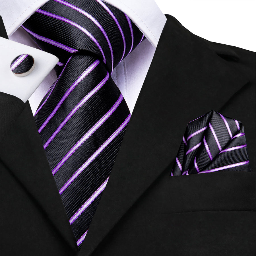 Black and Purple Striped XL Silk Tie Set - GentCrest
