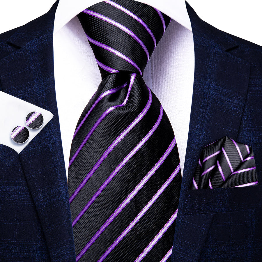 Black and Purple Striped XL Silk Tie Set - GentCrest - View 3