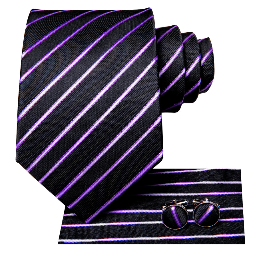 Black and Purple Striped XL Silk Tie Set - GentCrest - View 2