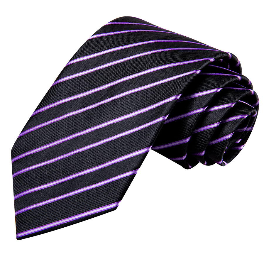 Black and Purple Striped XL Silk Tie Set - GentCrest - View 4