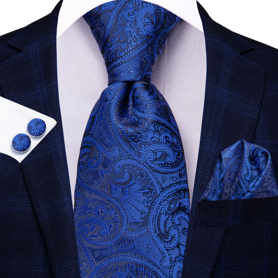 Royal Blue Paisley Striped XL Silk Tie Set - GentCrest