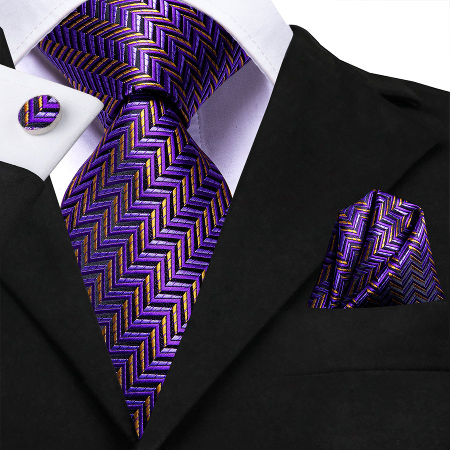 Purple and Orange Geometric XL Silk Tie Set - GentCrest - View 4