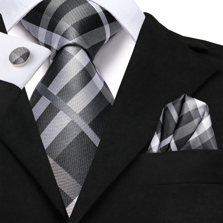 Black, Gray and White Plaid XL Silk Tie Set - GentCrest