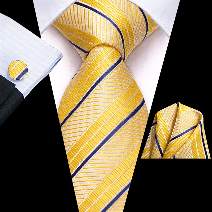 Golden Yellow and Blue Striped XL Silk Tie Set - GentCrest