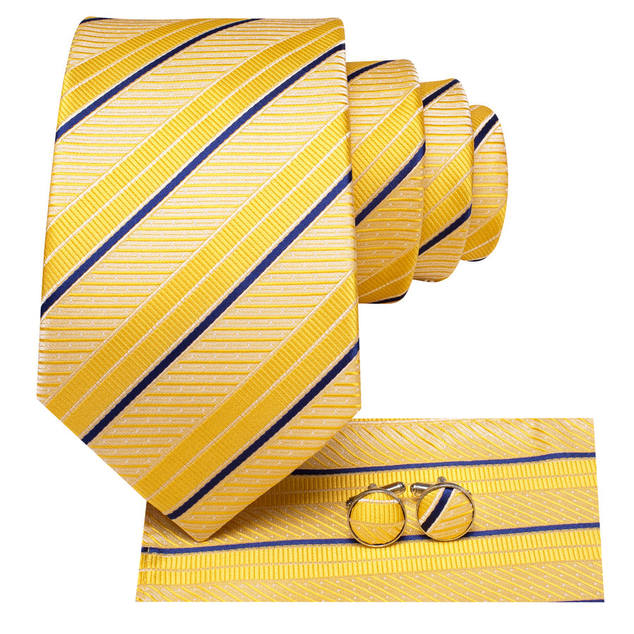 Golden Yellow and Blue Striped XL Silk Tie Set - GentCrest - View 2
