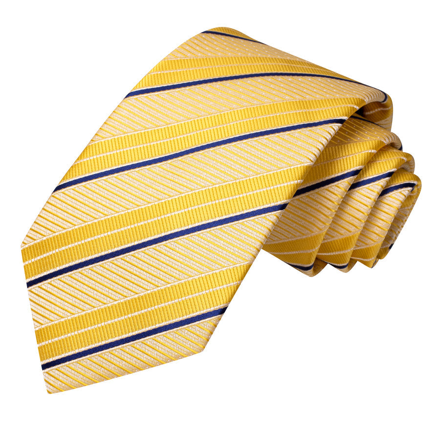 Golden Yellow and Blue Striped XL Silk Tie Set - GentCrest - View 3