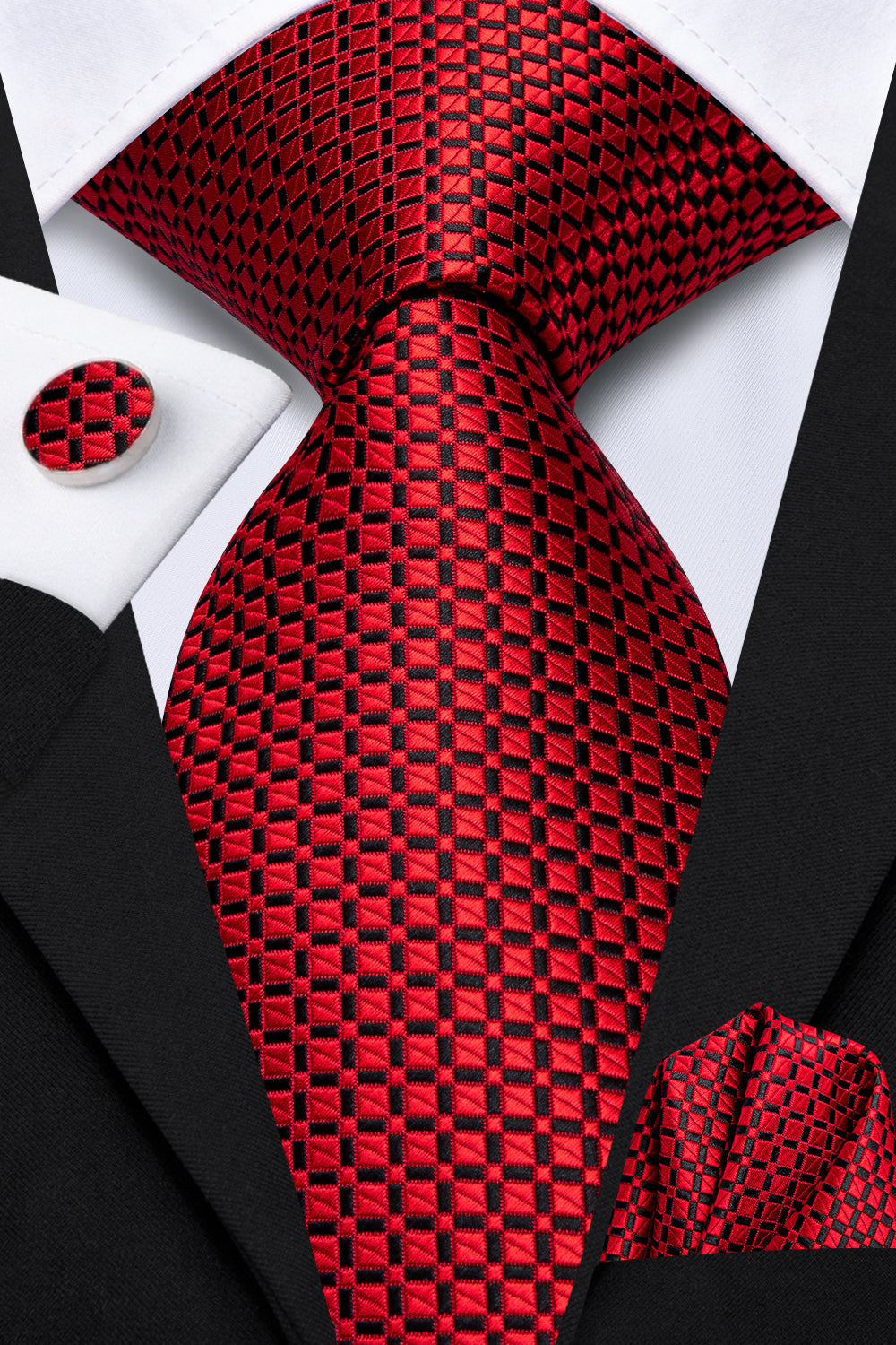 GentCrest Red Plaid Tie Hanky Cufflinks Set - Image 2