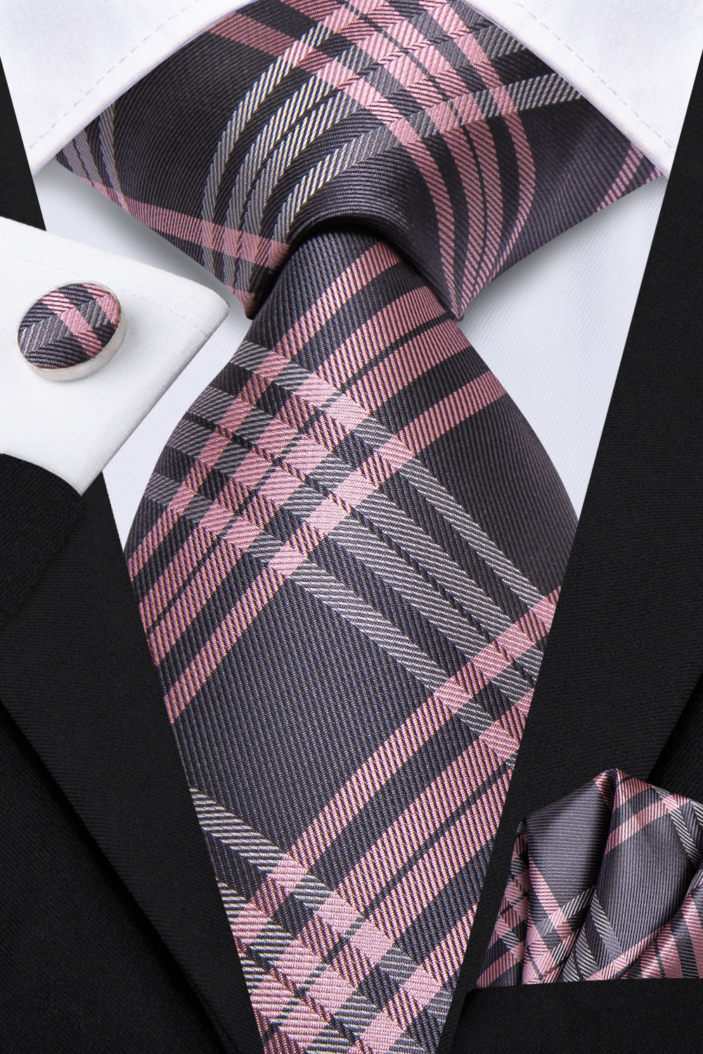 GentCrest Pink Plaid Tie Hanky Cufflinks Set - Image 2
