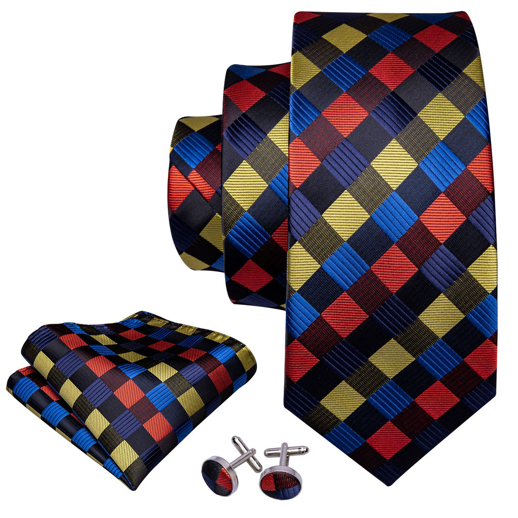 Red Yellow Blue Plaid Silk Tie Set - GentCrest - View 4