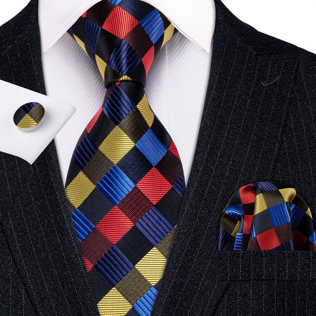 Red Yellow Blue Plaid Silk Tie Set - GentCrest - View 3