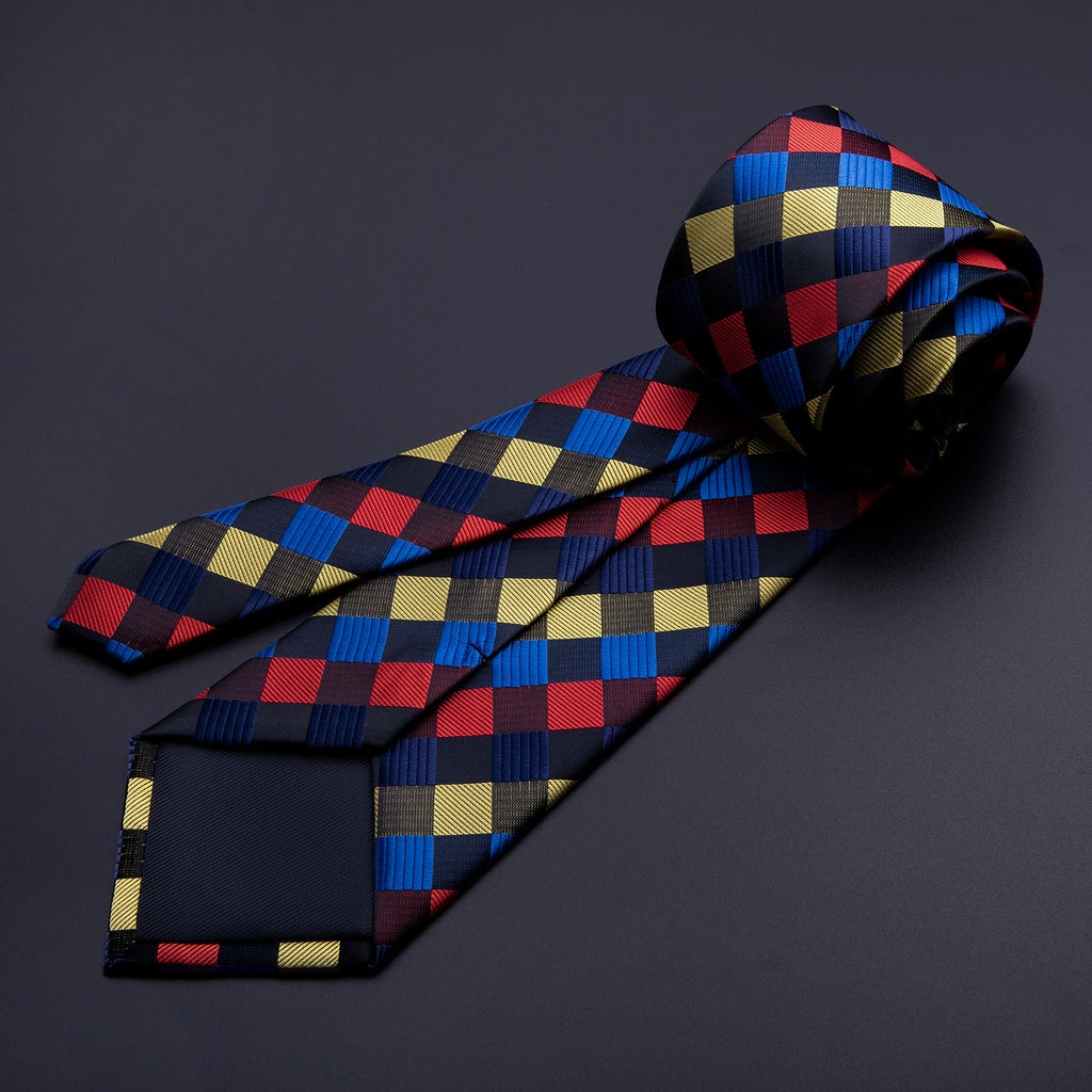Red Yellow Blue Plaid Silk Tie Set - GentCrest - View 6